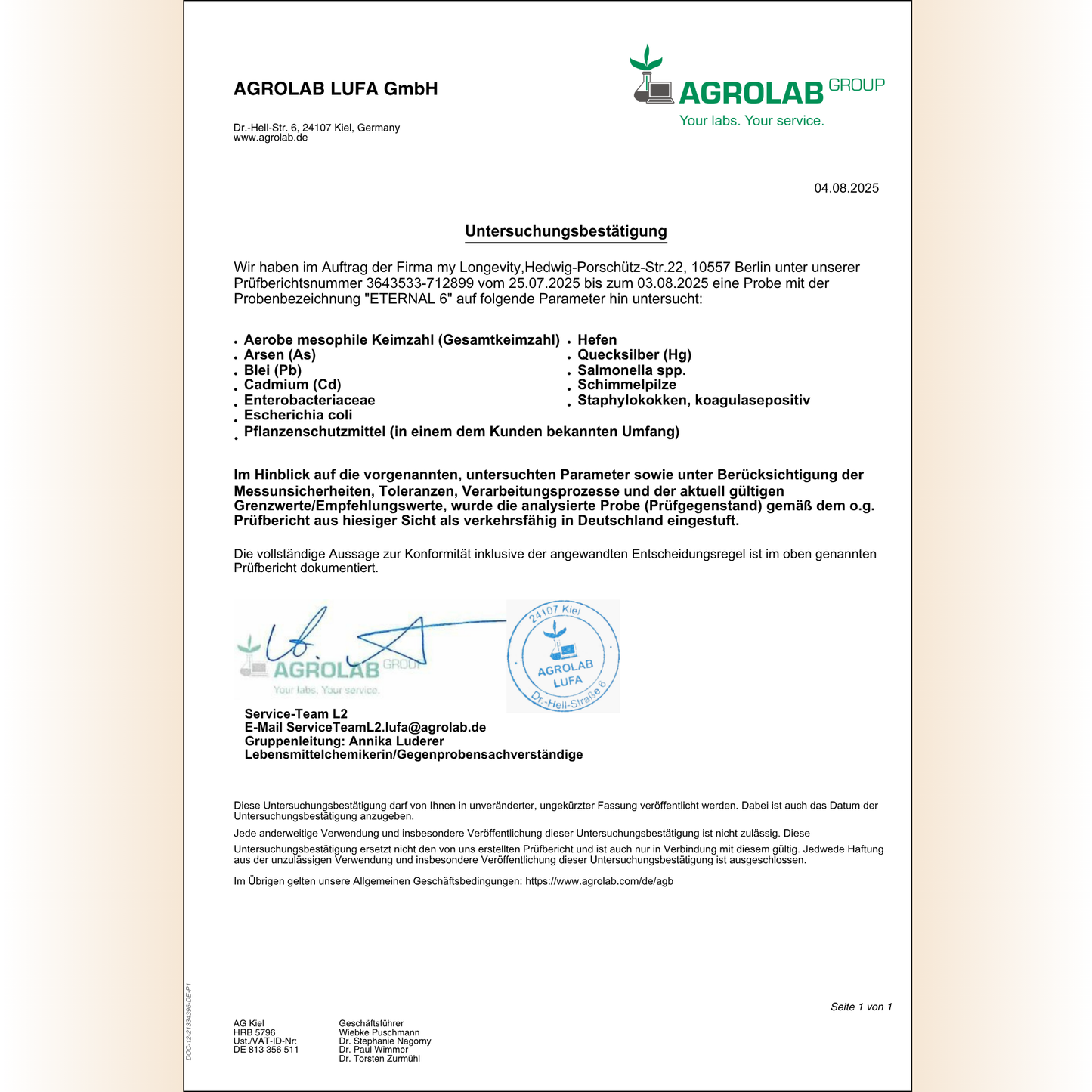 my Longevity ETERNAL6 Zertifikat Agrolab laborgeprüft und zertifiziert