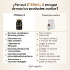 ETERNAL 6 frente a productos sueltos: seis principios activos de longevidad en una fórmula, fabricado en Alemania, cada lote analizado por un laboratorio independiente