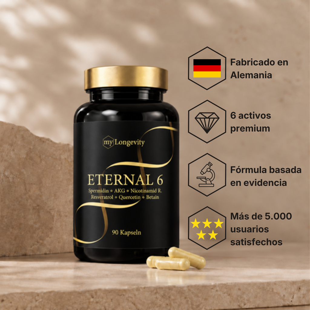 Envase de ETERNAL 6 sobre piedra natural: fabricado en Alemania, seis principios activos premium, formulación basada en la evidencia, más de 5.000 usuarios satisfechos