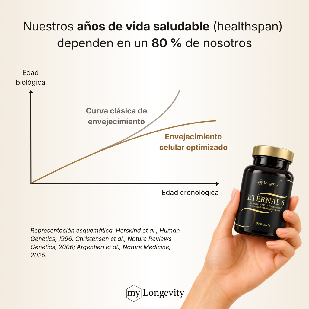 Gráfico esquemático de la esperanza de vida saludable (healthspan): curva clásica de envejecimiento frente a envejecimiento celular optimizado