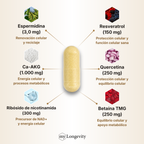 Principios activos de ETERNAL 6 por dosis diaria: espermidina 3,0 mg, Ca-AKG 1.000 mg, ribósido de nicotinamida 300 mg, resveratrol 150 mg, quercetina 250 mg y betaína TMG 250 mg