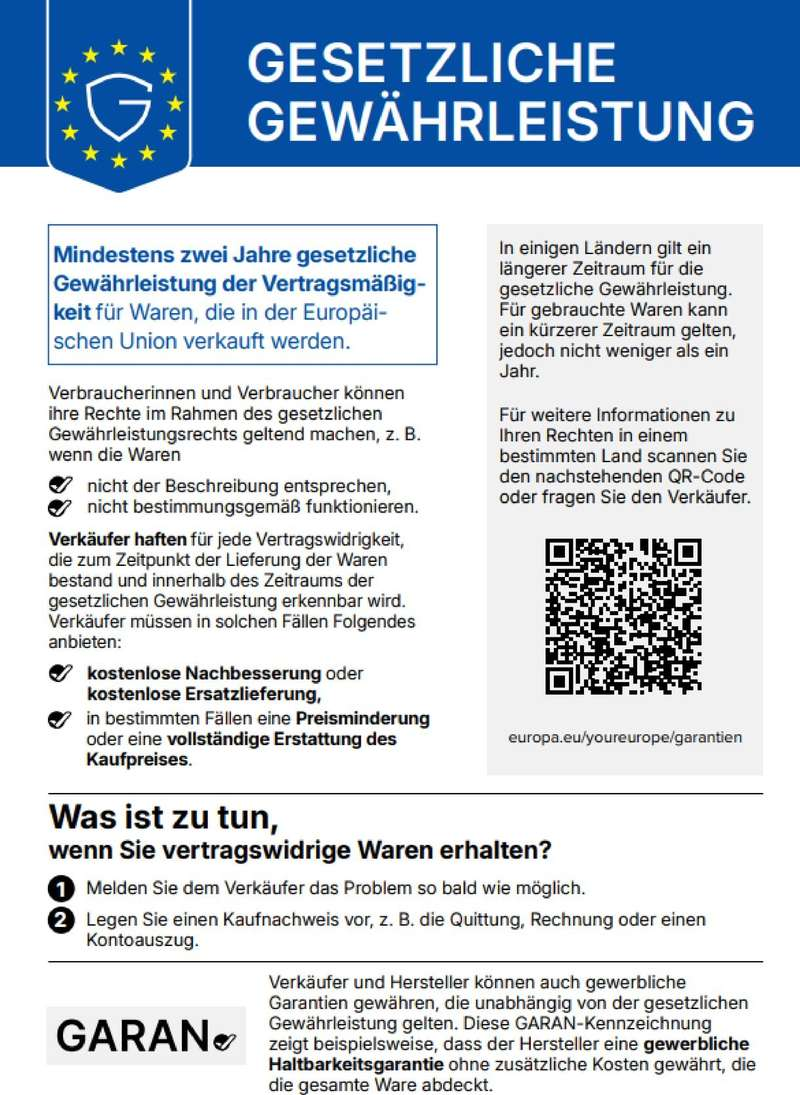 Mindestens zwei Jahre gesetzliche Gewährleistung der Vertragsmäßigkeit für Waren, die in der Europäischen Union verkauft werden