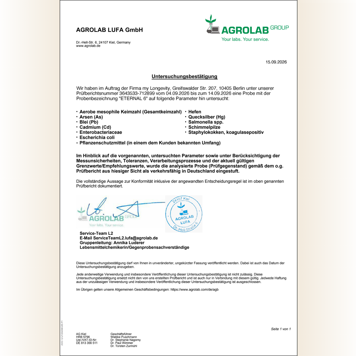 Analysezertifikat des Labors Agrolab für ETERNAL 6 vom 15. September 2026